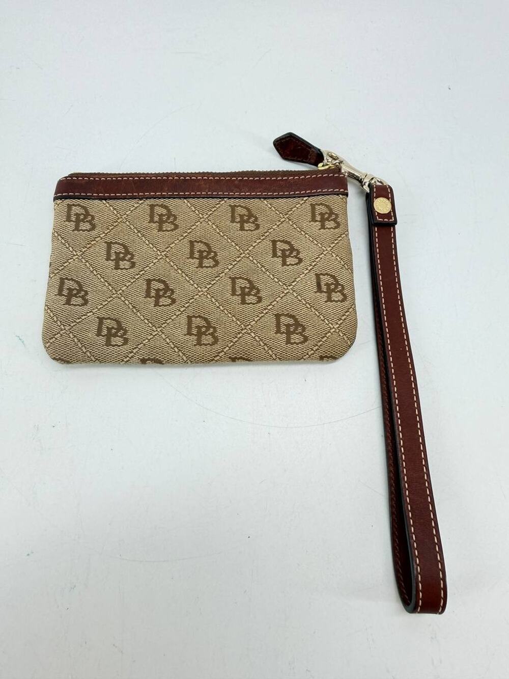 Dooney & Bourke DB Logo Canvas Wristlet Coin Purse Zip Pouch Brown Tan